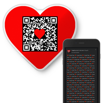 Example of the Updatable message QR Code pillow that is heart shaped perfect gift for valentines