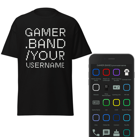 Gamer.band Your Username T-shirt | Scan to List Gaming Names, Gaming Links, Streaming Channels, Social Media Profiles, Merch Stores, and more