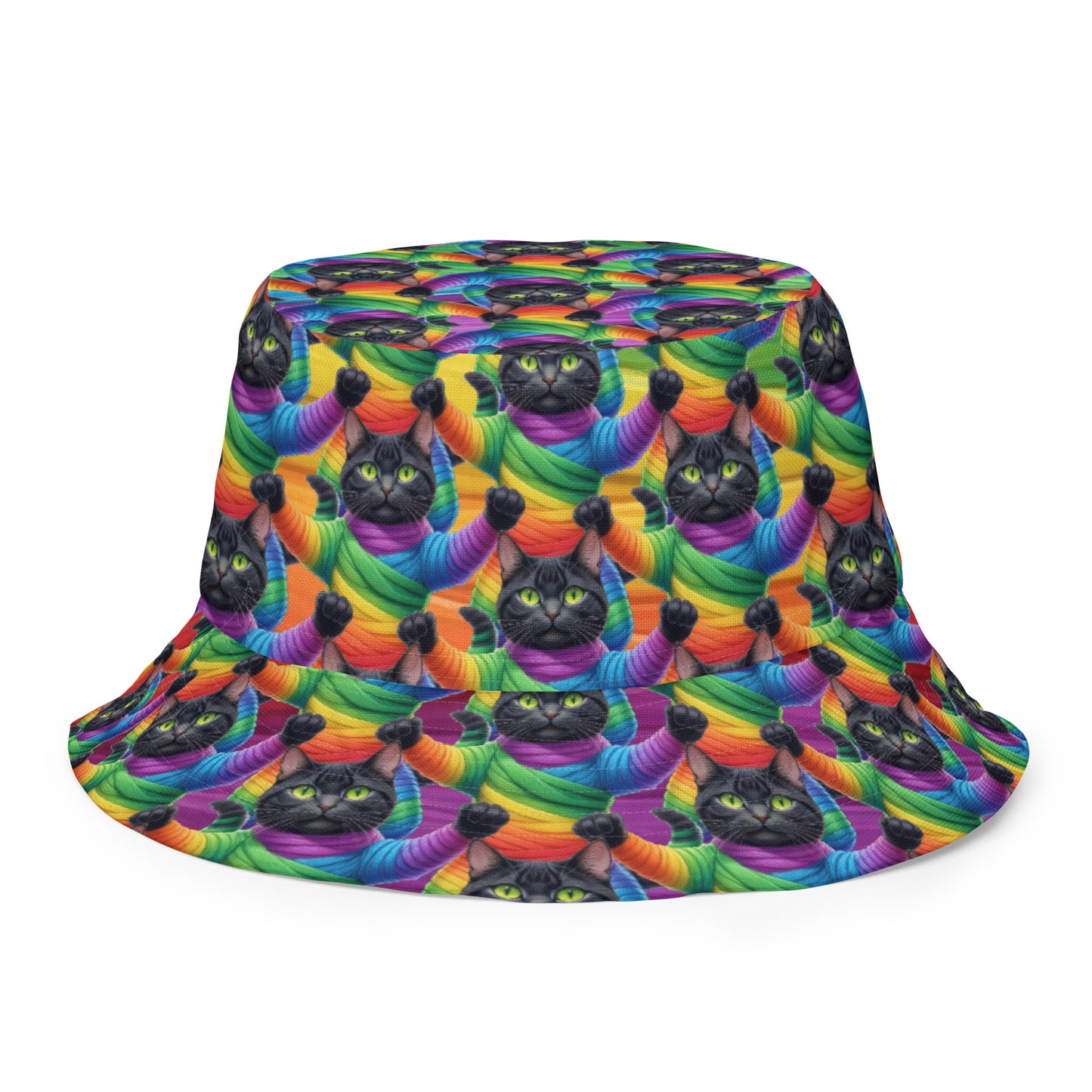 Cat Pattern Reversible Bucket Hat - Rainbow Mummy Cat Dance