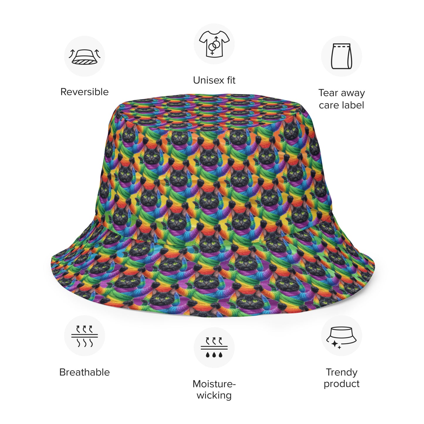 Cat Pattern Reversible Bucket Hat - Rainbow Mummy Cat Dance