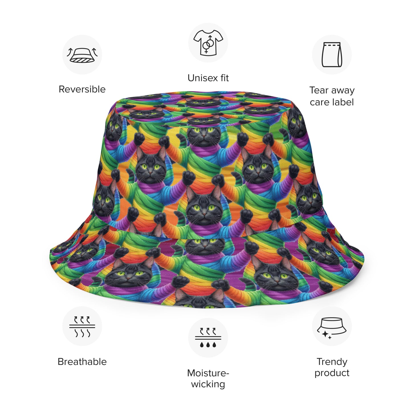 Cat Pattern Reversible Bucket Hat - Rainbow Mummy Cat Dance