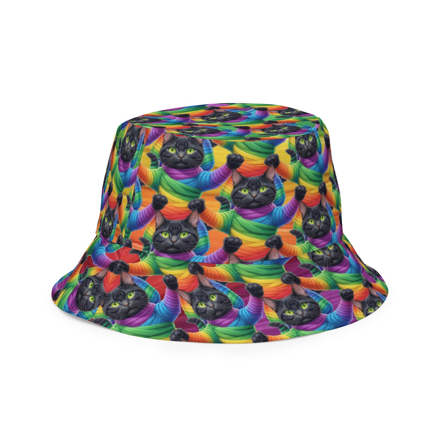 Cat Pattern Reversible Bucket Hat - Rainbow Mummy Cat Dance