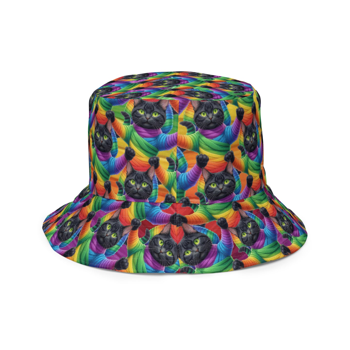 Cat Pattern Reversible Bucket Hat - Rainbow Mummy Cat Dance