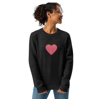 Solid Hot Pink Heart on Black Knitted Crewneck Sweater