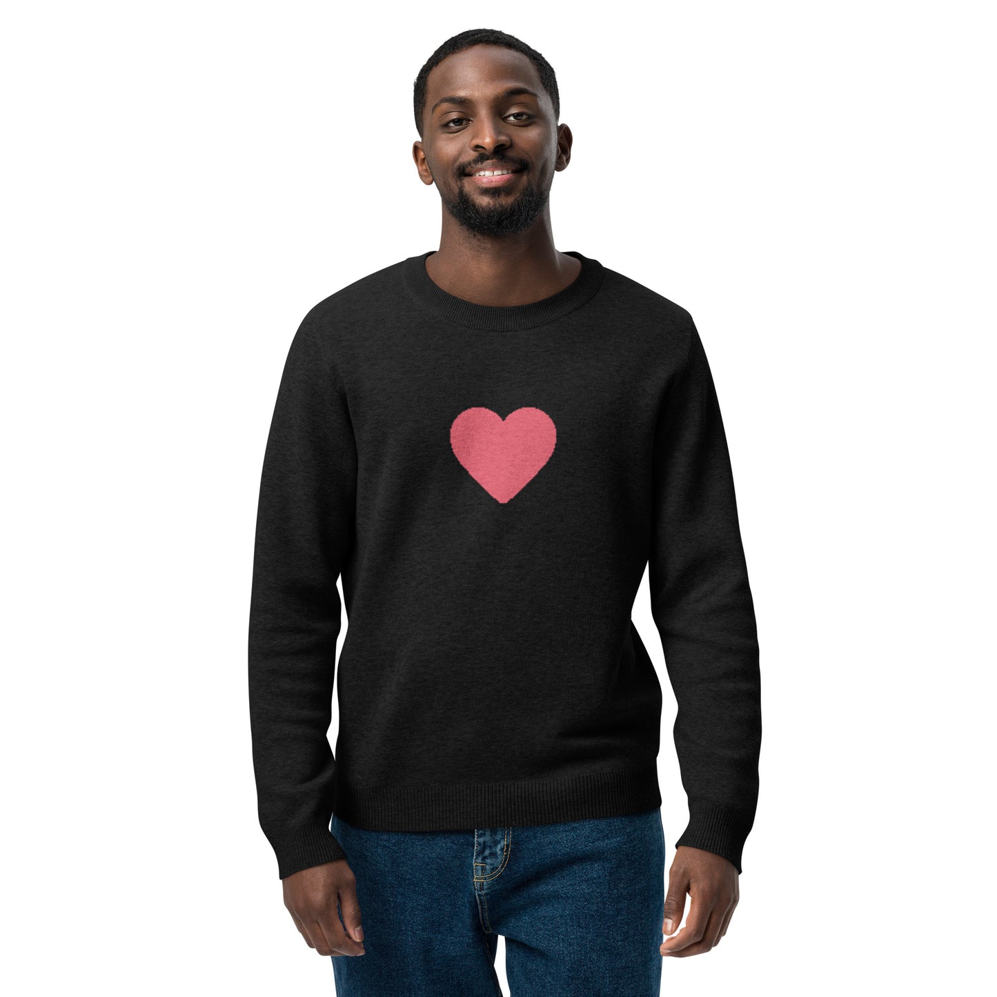 Solid Hot Pink Heart on Black Knitted Crewneck Sweater