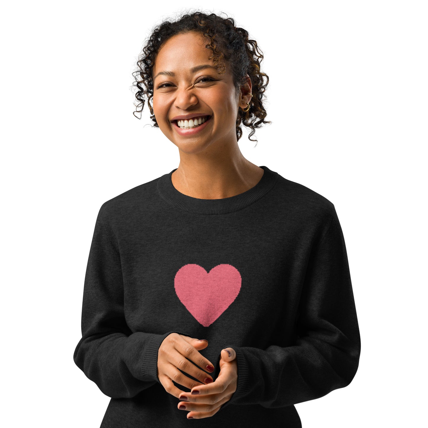 Solid Hot Pink Heart on Black Knitted Crewneck Sweater