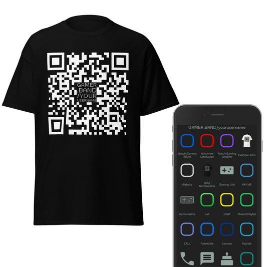 Gamer.band custom QR Code YourUsername T-shirt | List Gaming Names, Gaming Links, Streaming Channels, Social Media Profiles, Merch Stores, and more