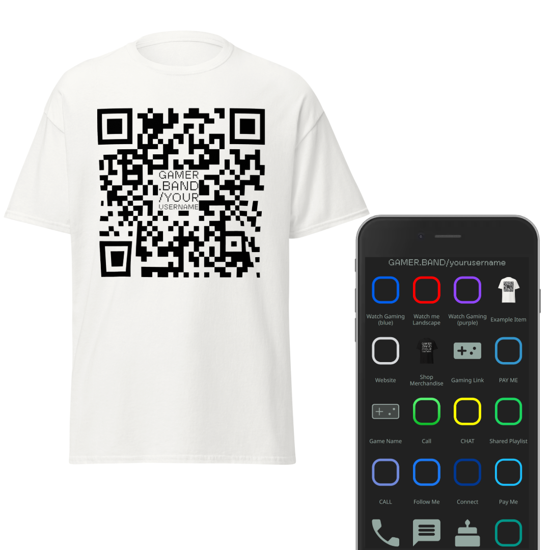 Gamer.band custom QR Code YourUsername T-shirt | List Gaming Names, Gaming Links, Streaming Channels, Social Media Profiles, Merch Stores, and more