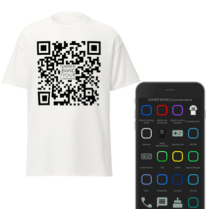 Gamer.band custom QR Code YourUsername T-shirt | List Gaming Names, Gaming Links, Streaming Channels, Social Media Profiles, Merch Stores, and more