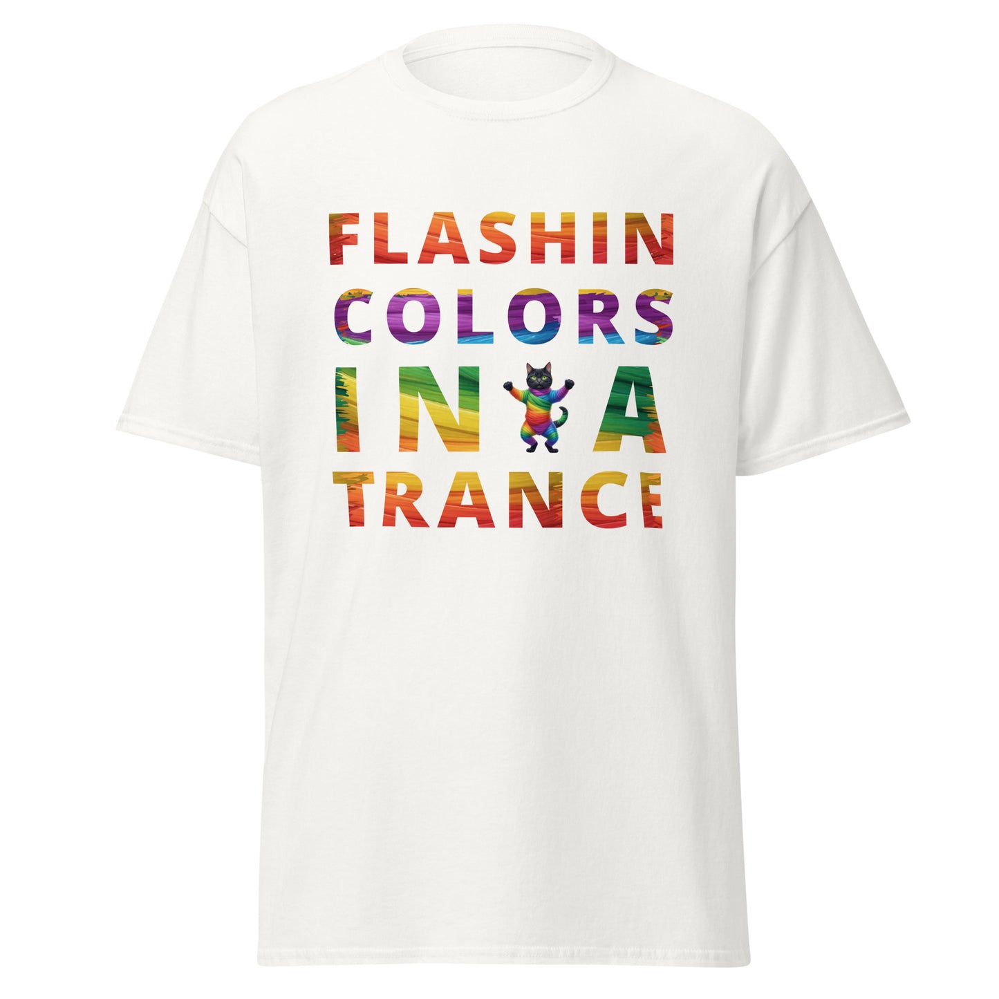 Flashin Colors in a Trance Text Tee - Rainbow Mummy Cat Dance T-shirt